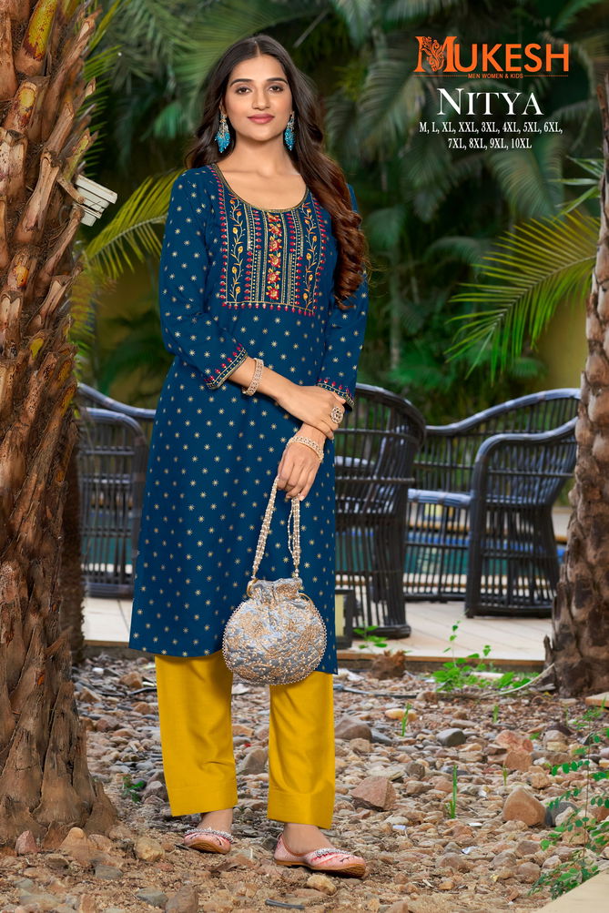 Nitya By Banwery Rayon Embroidery Gold Printed Plus Size Kurtis Wholesale Shop In Surat